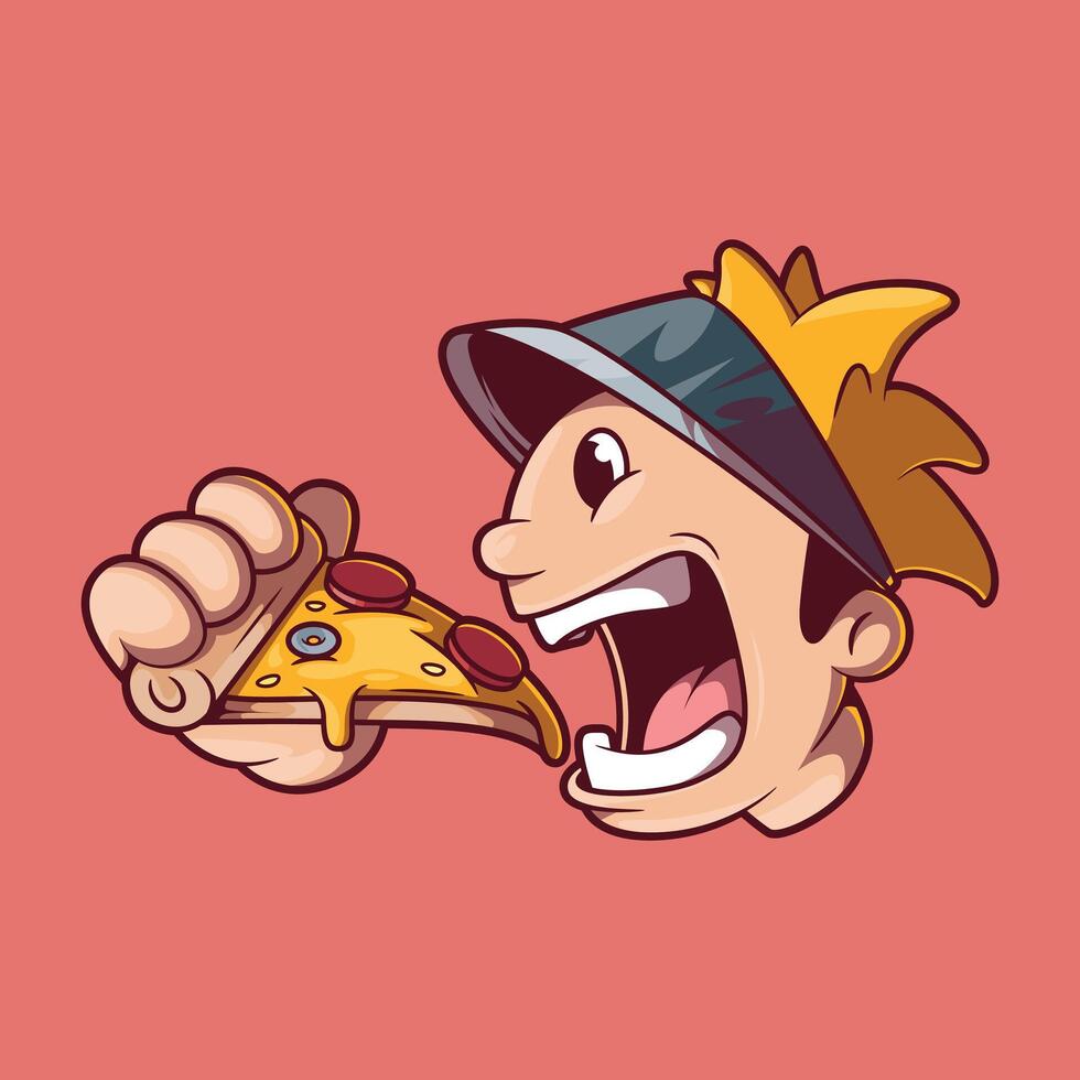Character Holding Pizza Slice with Mouth Open. vector