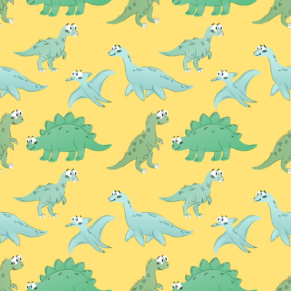 A colorful pattern featuring various cartoon dinosaurs on a yellow background. Includes a stegosaurus, a brontosaurus, and a pterodactyl. vector