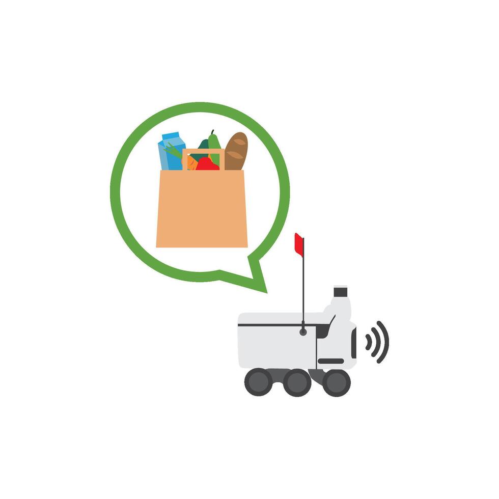autónomo entrega robot entregando comestibles en un bolsa, hogar entrega y robótica concepto aislado vector