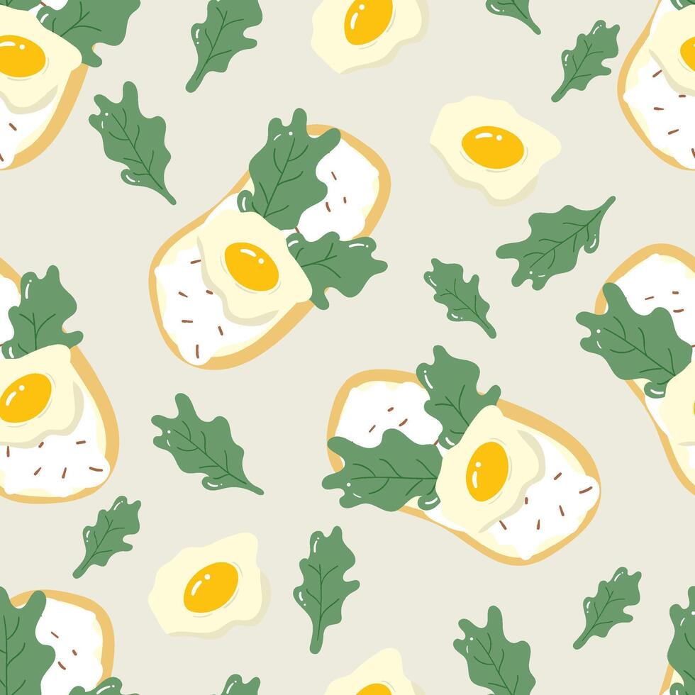 Egg with vegetables, and toasted on a beige background. Food seamless pattern for clothing, fabric, wallpaper, backdrop, home decoration, cover book, and wall art. vector