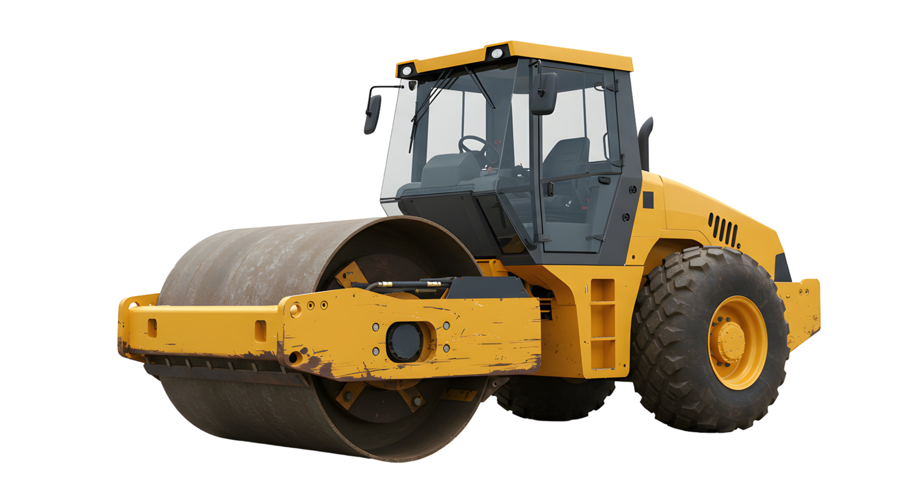 Yellow Road Roller Construction Vehicle on Transparent Background png