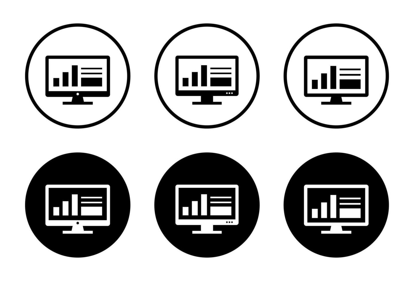 Computer monitor with data analytics interface. Chart and infographic icon in black circle vector