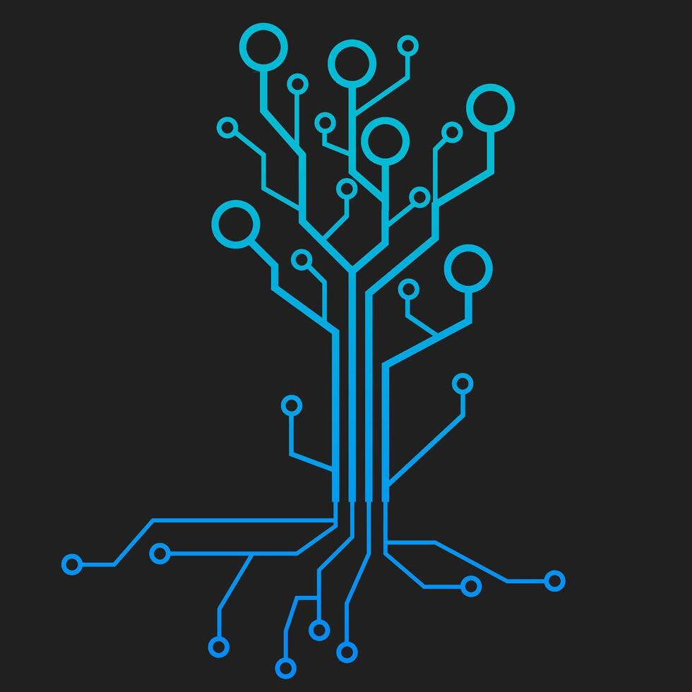 Abstract digital tree design resembling a printed circuit board in blue gradient tones on a black background. vector