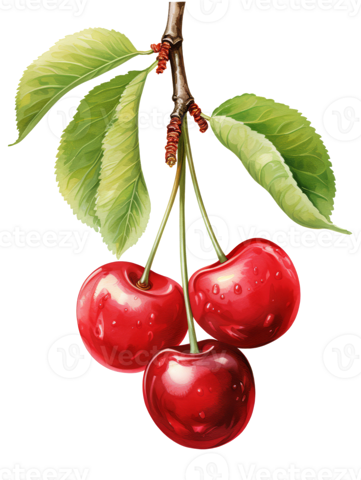 Two red cherries on green stem with leaves, watercolor hand-painted fruit illustration for summer food and botanical design png
