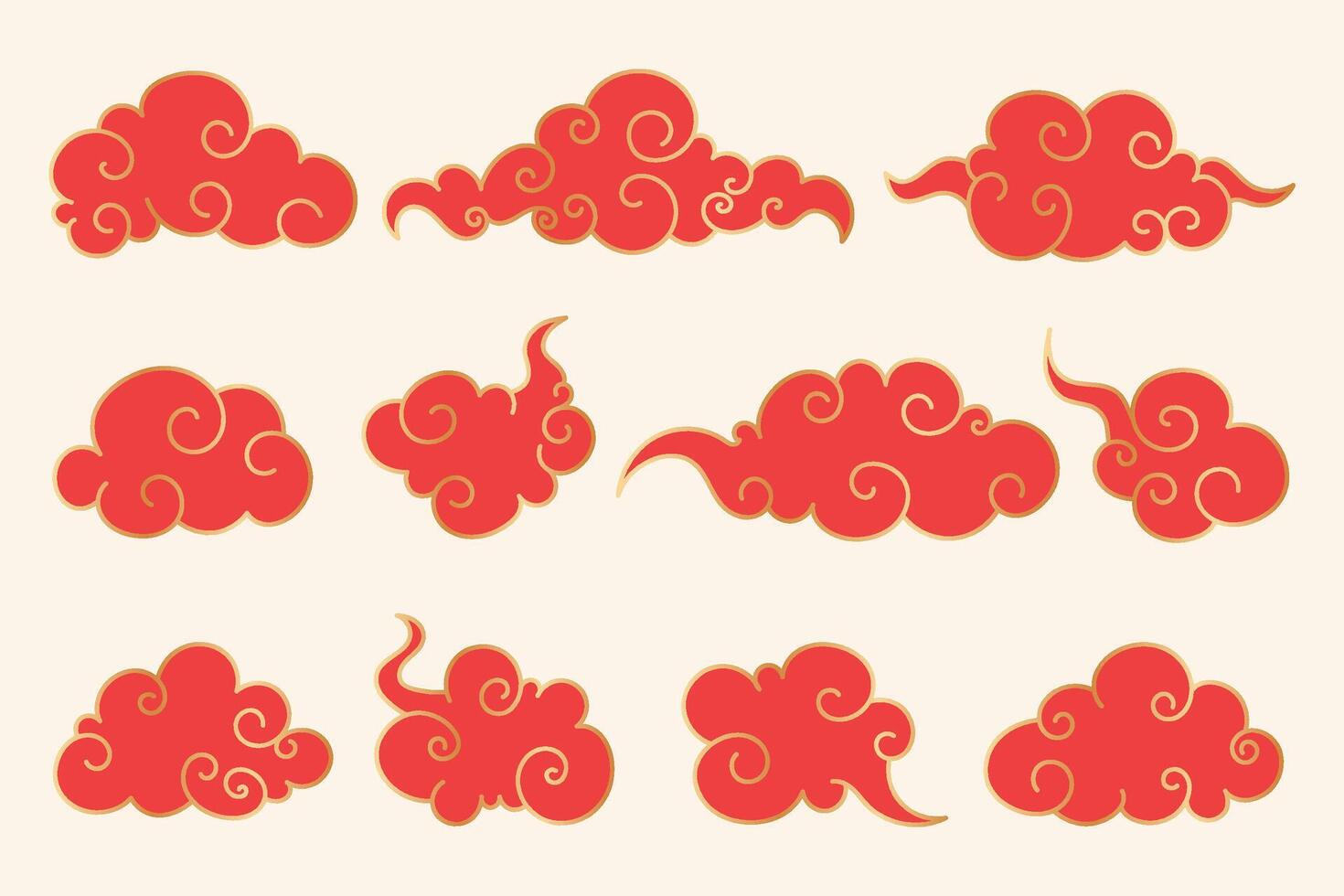 Hand Drawn Line Art Chinese Oriental Clouds Collection. Red elegant Chinese style clouds with golden border. Asian japanese traditional cloud ornaments set. Chinese new year clouds icons. vector