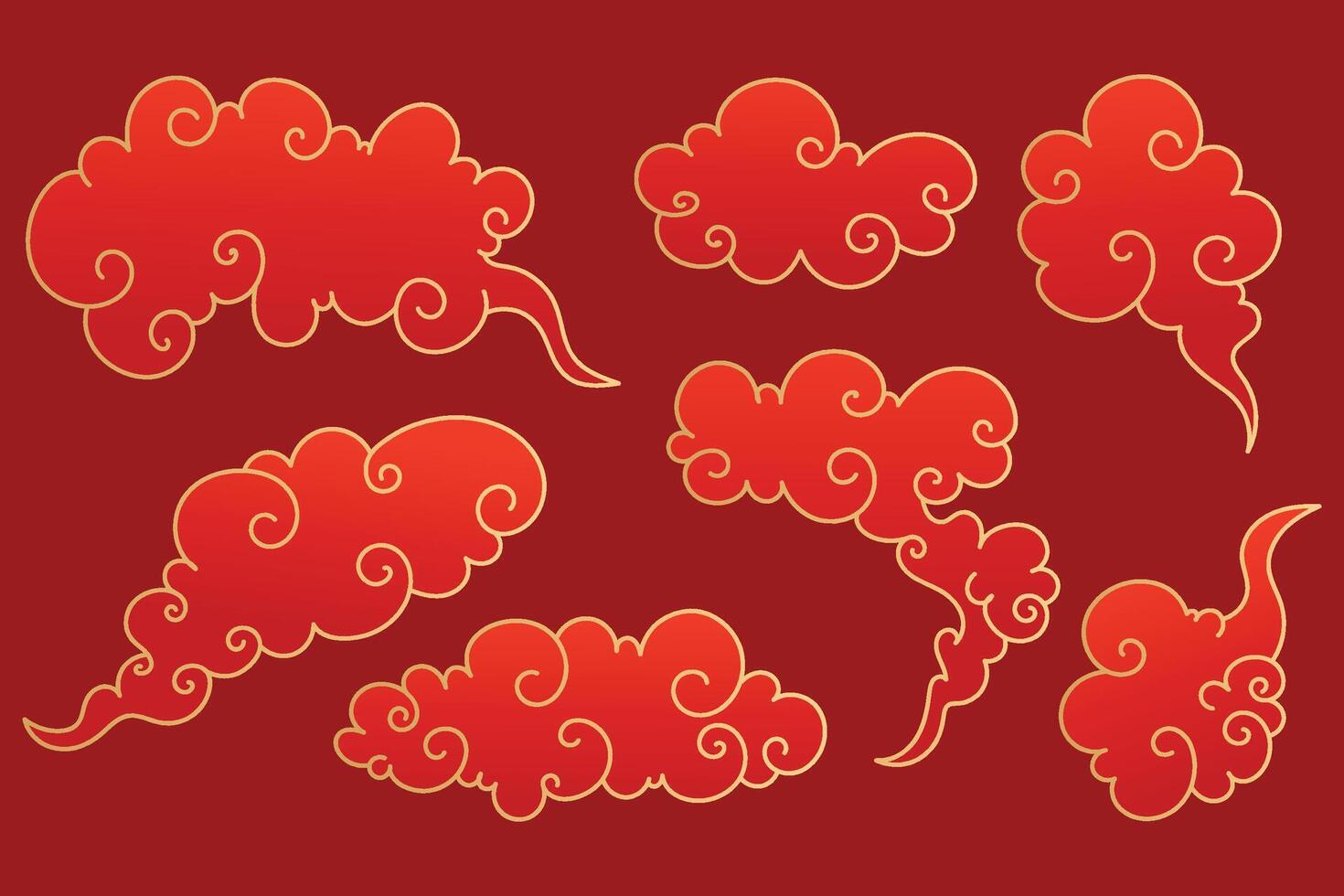 Traditional Chinese Oriental Clouds Collection. Red elegant Chinese style clouds with golden border. Asian japanese cloud ornaments set. Chinese new year clouds icons. vector