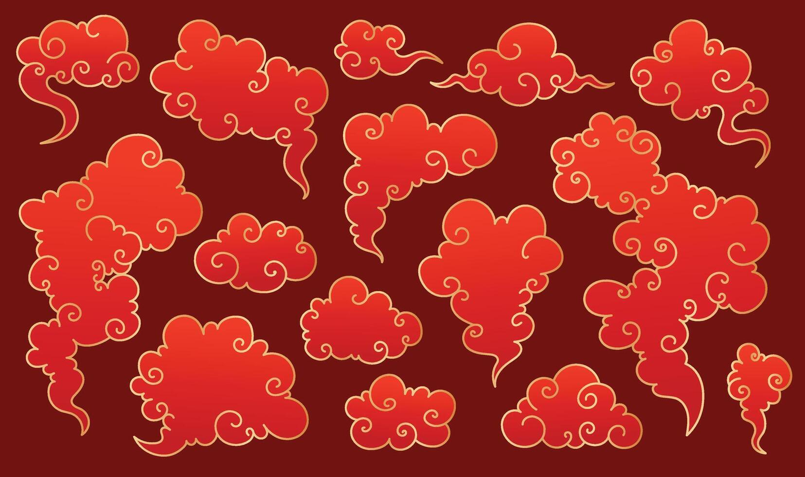 Oriental Asian Clouds Collection. Red elegant Chinese style clouds with golden border. Asian japanese traditional cloud ornaments set. Chinese new year clouds icons. vector
