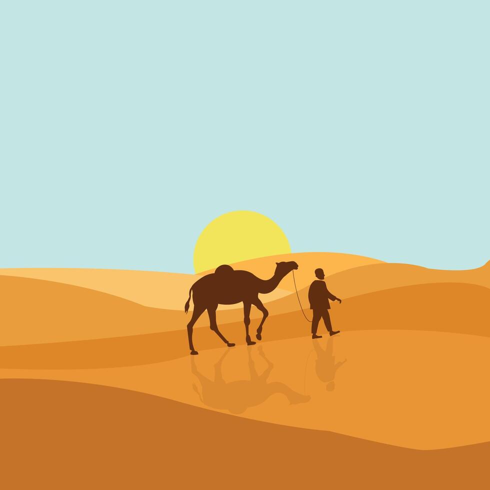 A man walking with a camel in the desert vector