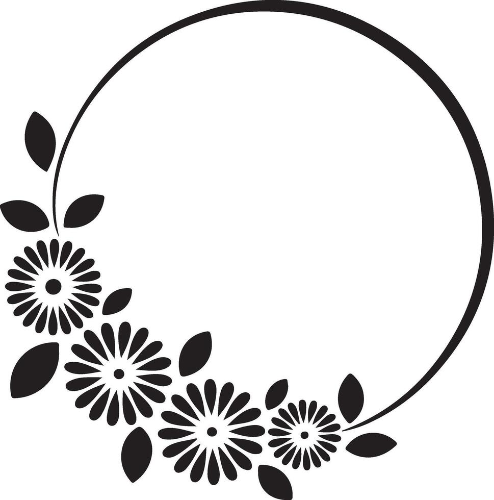 Black floral wreath with daisies and leaves around a circle frame vector