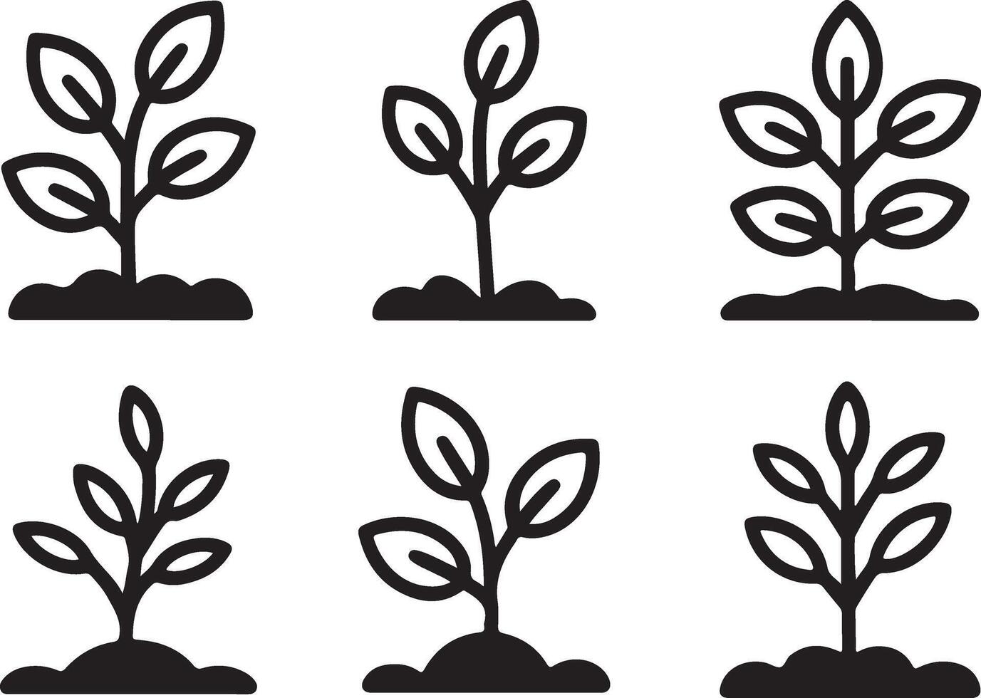 Six Black and White Plant Illustrations in a Row on White Background vector