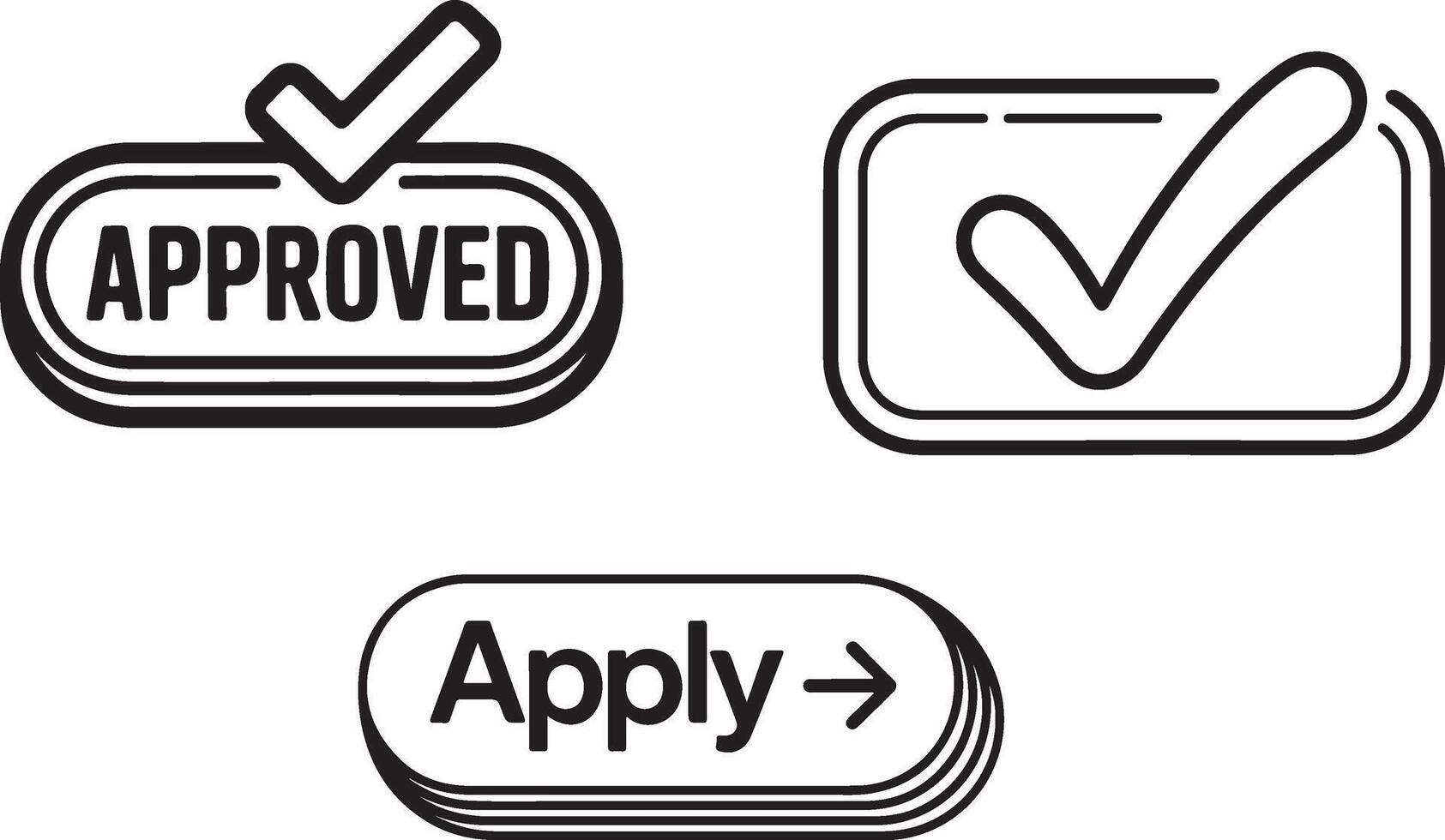 Black and white illustration of approved and apply buttons with checkmarks vector