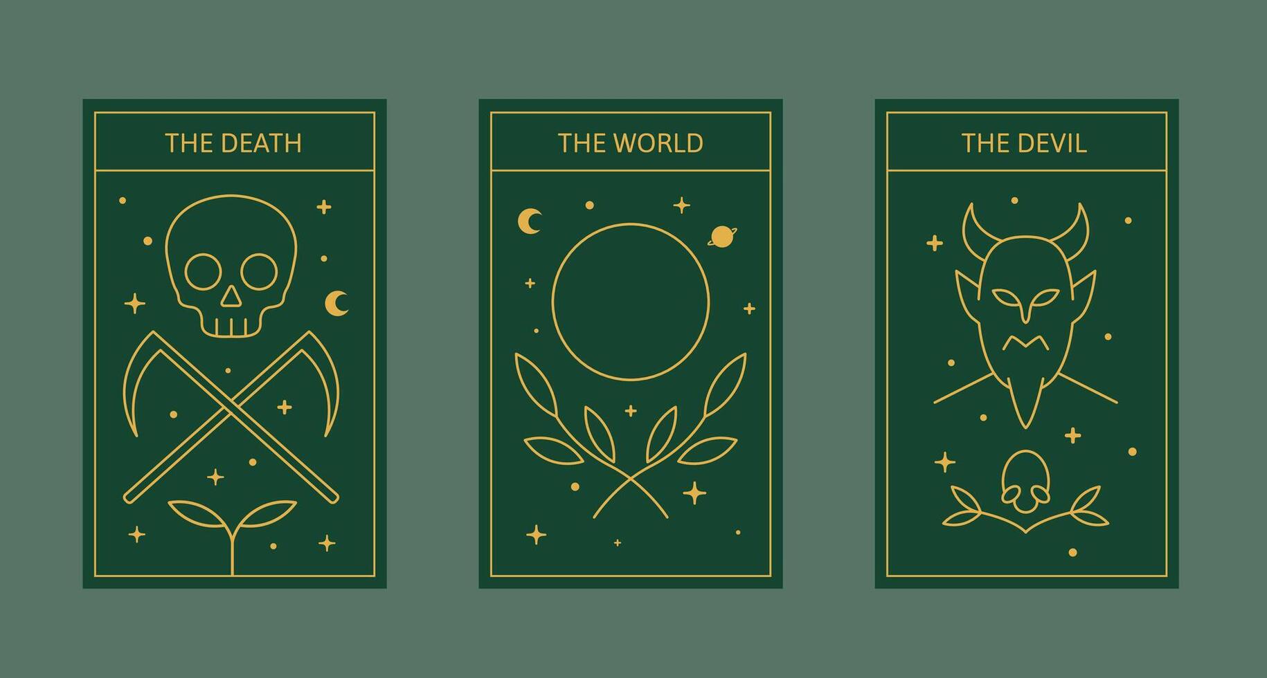Dark Mystical Tarot Card Collection - The Death, The World, The Devil - Golden Occult Symbols on Emerald Green vector