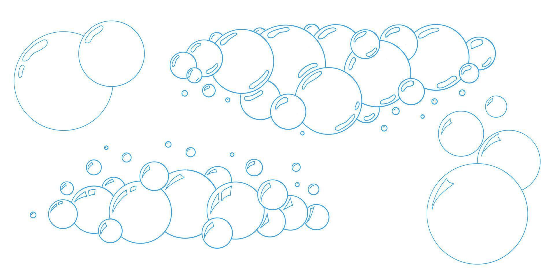 Hand drawn soap bubble outline illustrations. doodle foam balls with sparkle light spots. Water and soda bubble collection for cleaning, kids, hygiene, or shampoo packaging design. vector