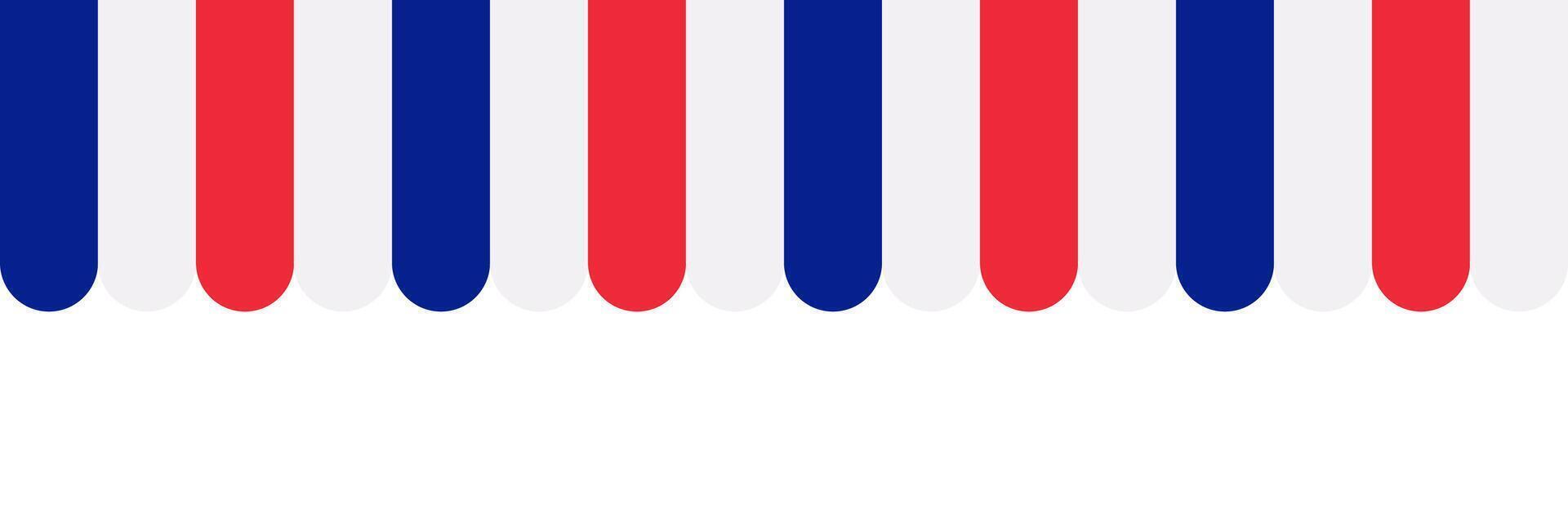 Seamless awning tent header in french style. Red, blue and white striped shop awning. Market canopy tent. Sun shade roof. Cafe awning. Shop striped canopy. Kiosk window border. vector