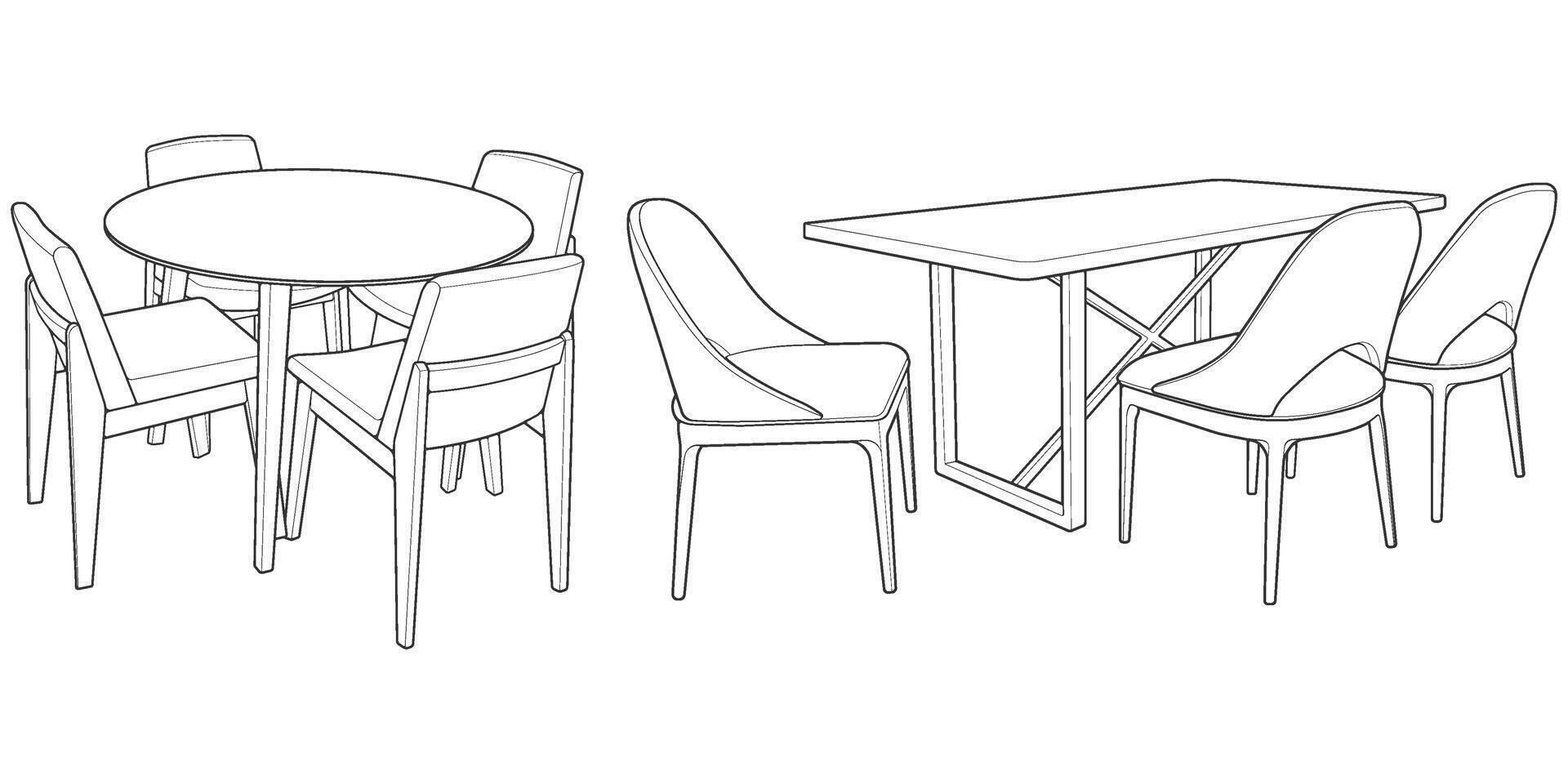 a drawing of a dining table and chairs vector