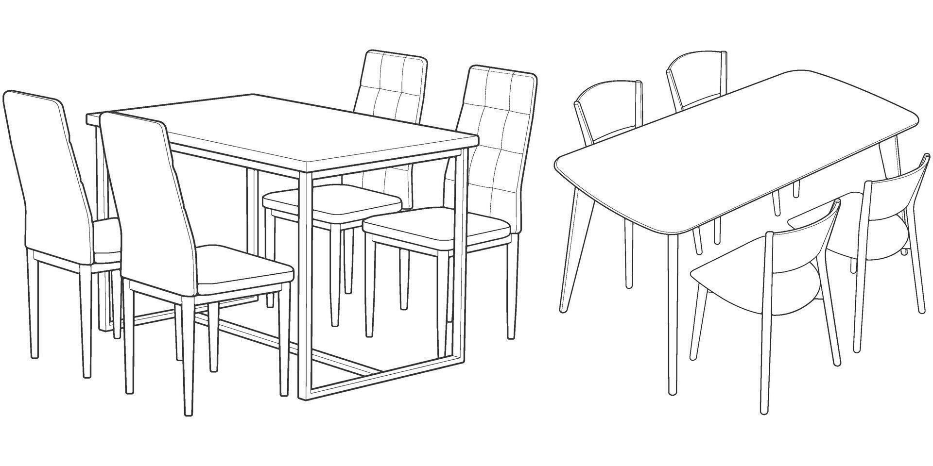 a drawing of a dining table and chairs set vector