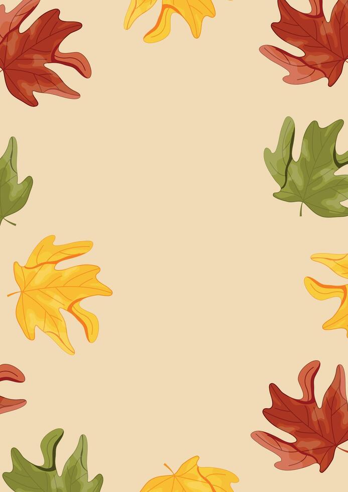 vertical poster with autumn leaves, namely multi-colored maple leaves folded on their sides on a yellow background, for autumn patterns, postcards or websites vector