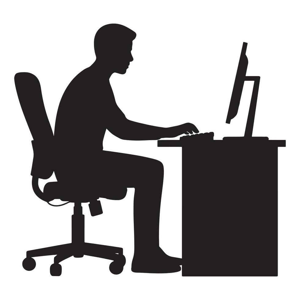 Silhouette of a man sitting at a desk typing on a computer keyboard person vector