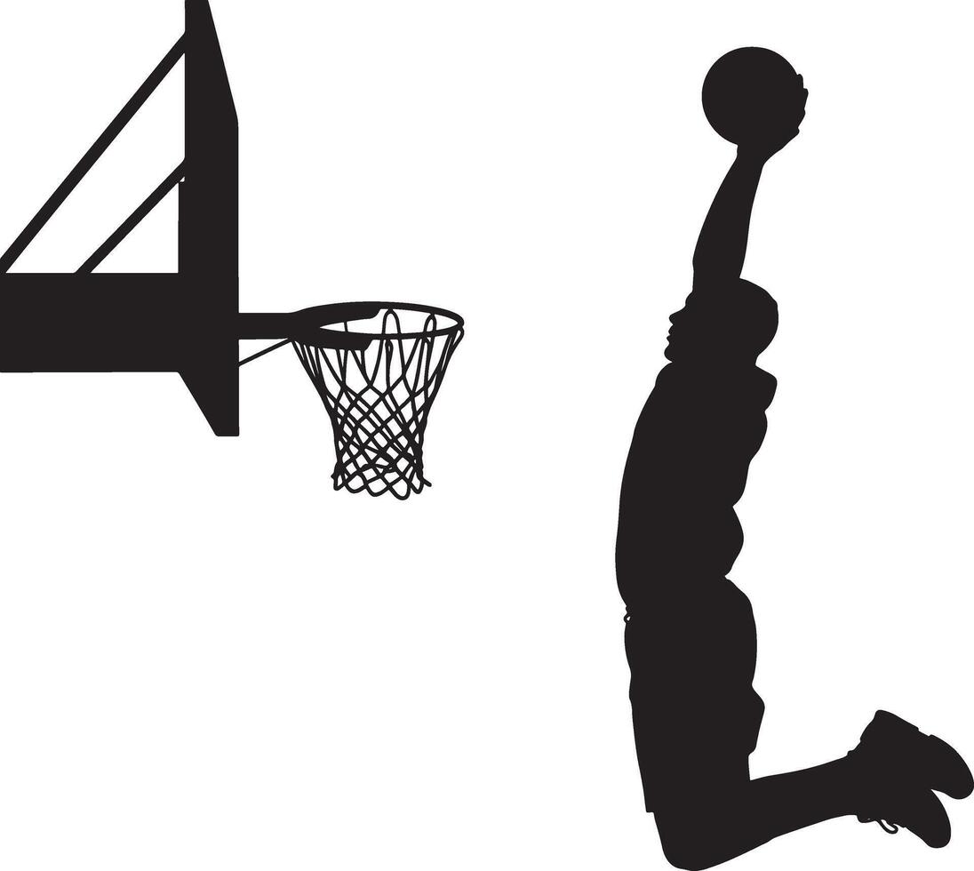 Black silhouette of a basketball player dunking on a white background slam dunk hoop vector