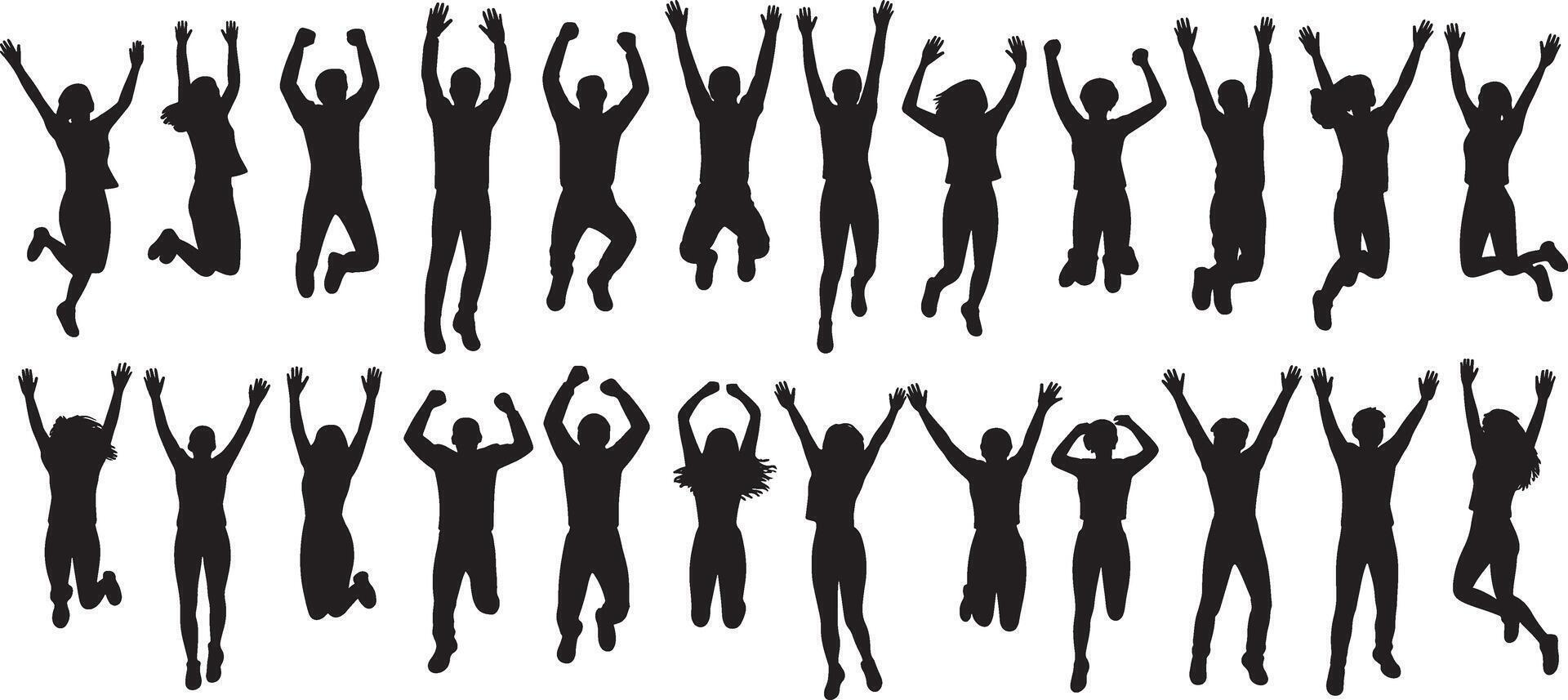 Diverse group of people silhouettes jumping with arms raised in celebration vector