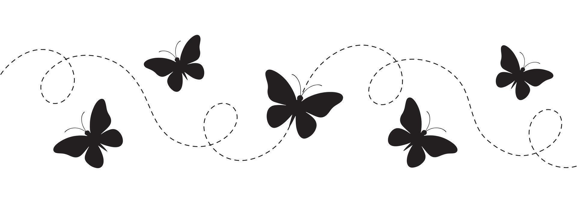 Black butterflies flying in a dashed line pattern on white background butterfly flight path vector