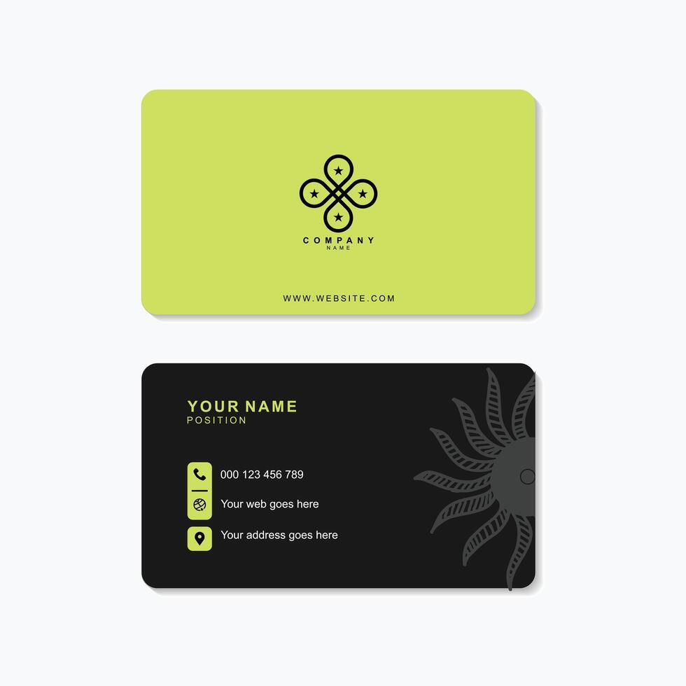 Elegant business cards with modern geometric logo and contact details in black and green vector