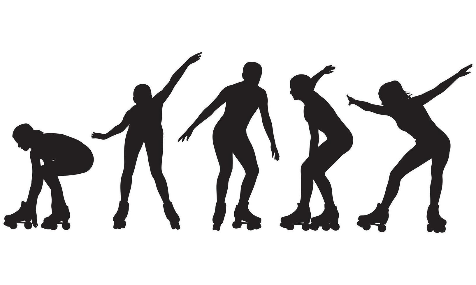 Five black silhouettes of people on roller skates in various poses roller skating action vector