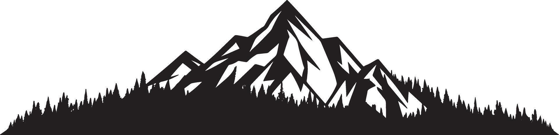 Black silhouette of jagged mountain peaks above pine forest black and white nature vector