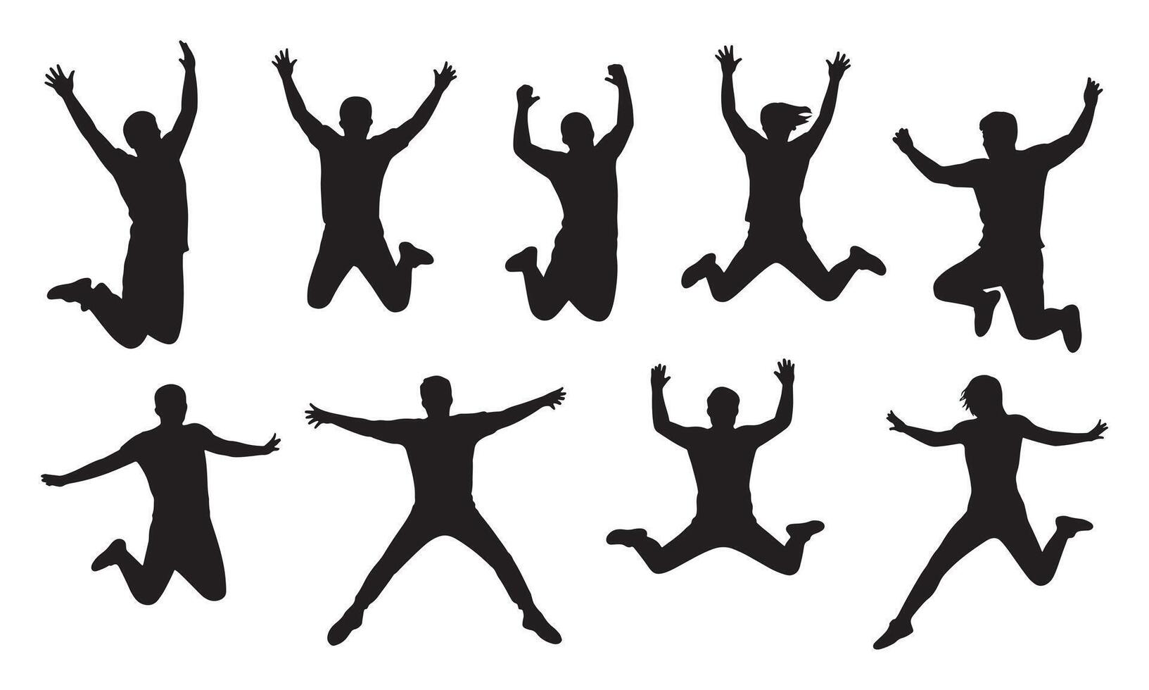 Eight Black Silhouettes of People Jumping with Arms Raised celebration vector