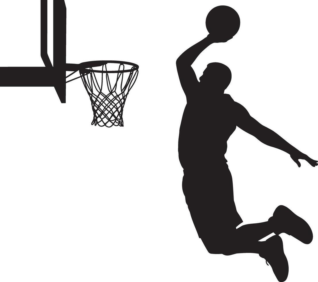 Black silhouette of a basketball player dunking on a white background slam dunk vector