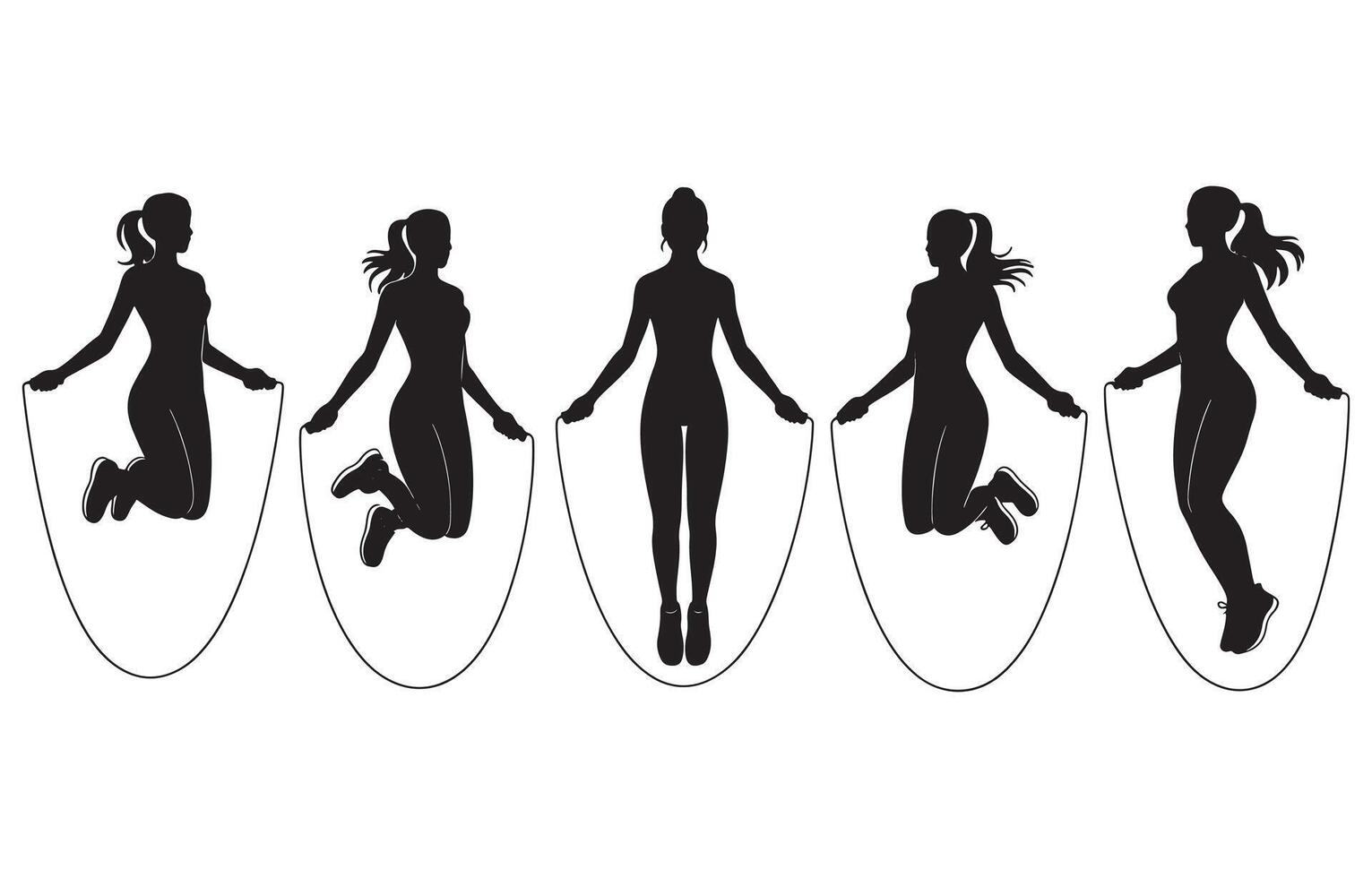 Five black silhouette women jumping rope in different poses fitness exercise vector
