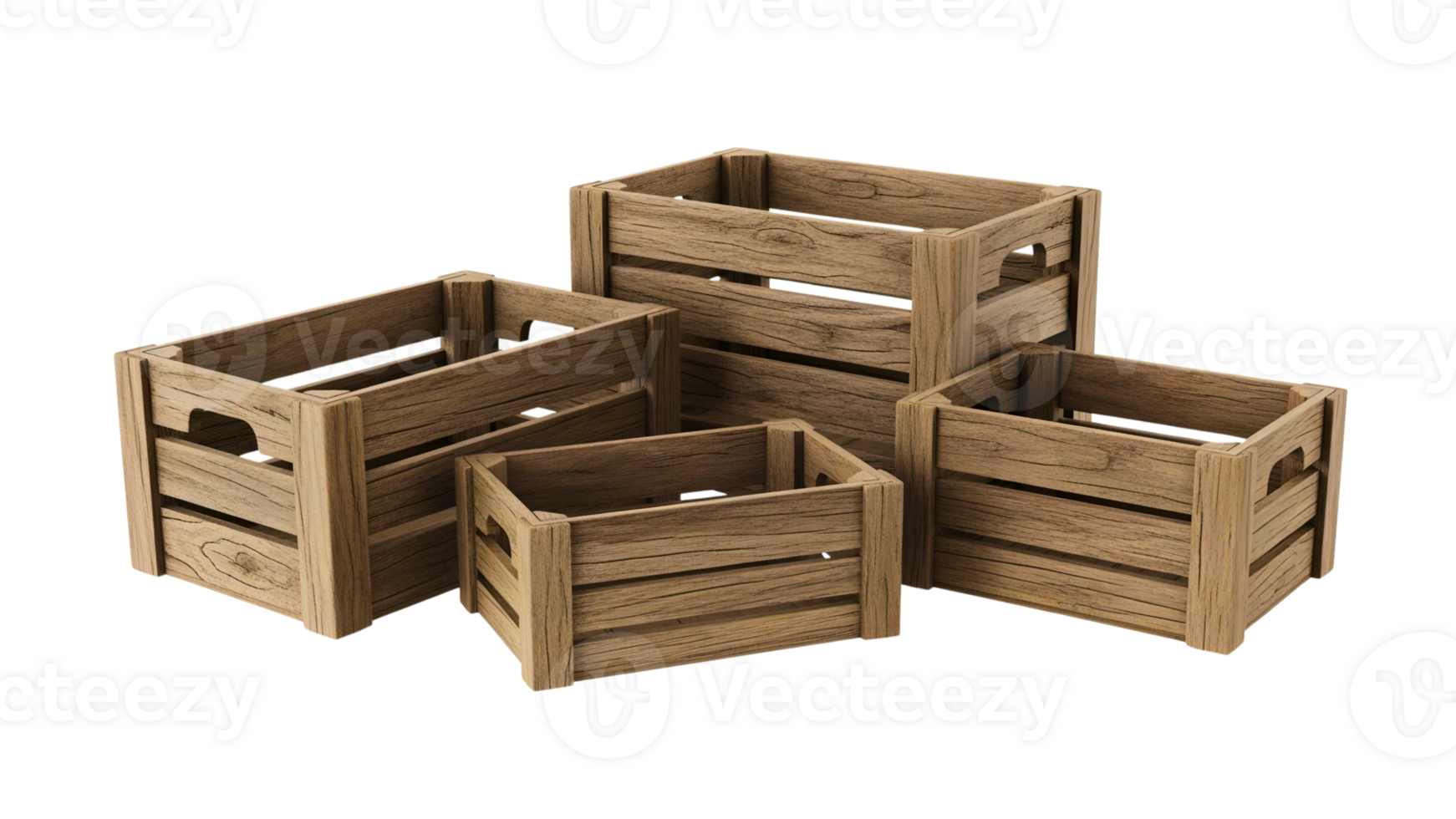 Group of rustic wooden storage crates in various sizes png