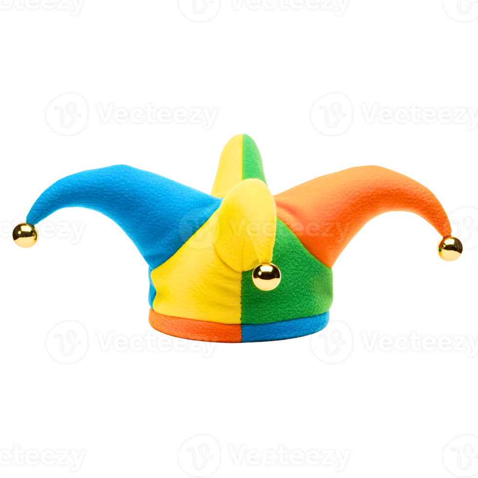 Multicolored jester hat with four floppy points and golden bells png