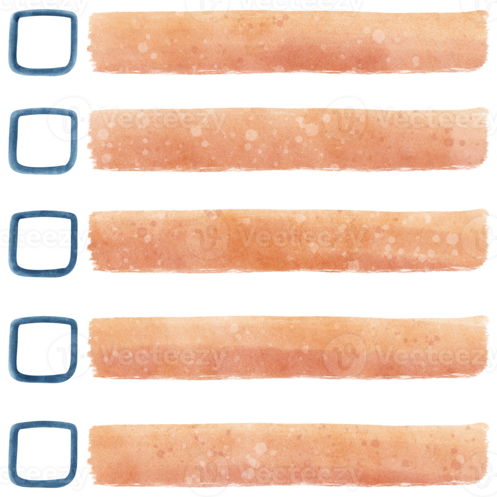 The watercolor illustration features five horizontal bands of rusty orange, earthy tones, and subtle textures. Each band is accompanied by a clear blue square checkbox on the left, ready for marking. png