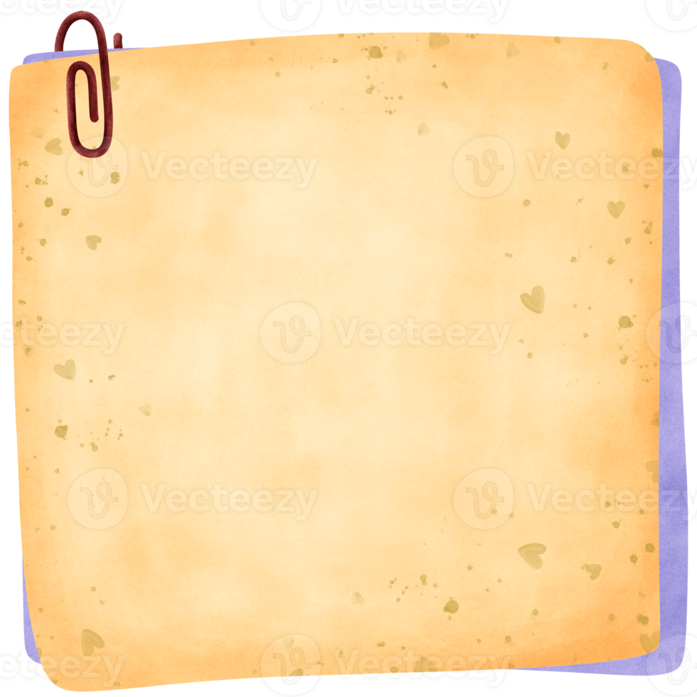 Cute illustration of old notes or notebooks with a textured surface. Warm, faded yellow vintage paper with small splatters and small hearts. There is a red paperclip stuck in the upper left corner. png