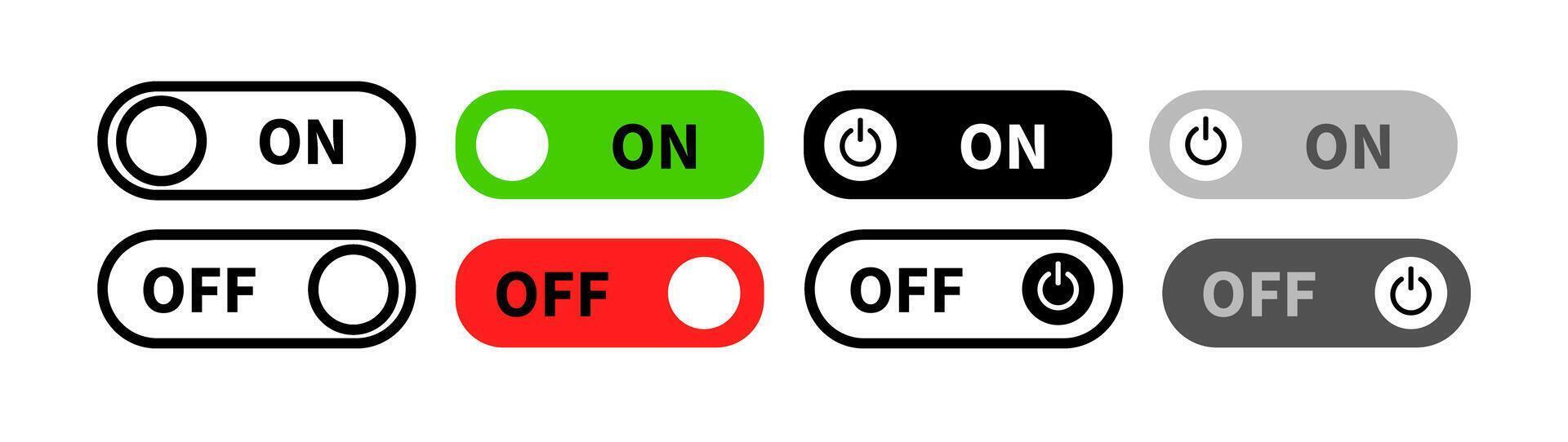 On and Off toggle switch buttons icon set. Switch buttons ON OFF isolated on transparent background. Power on and off slider switch icon. Modern web and mobile app switch button interface elements vector