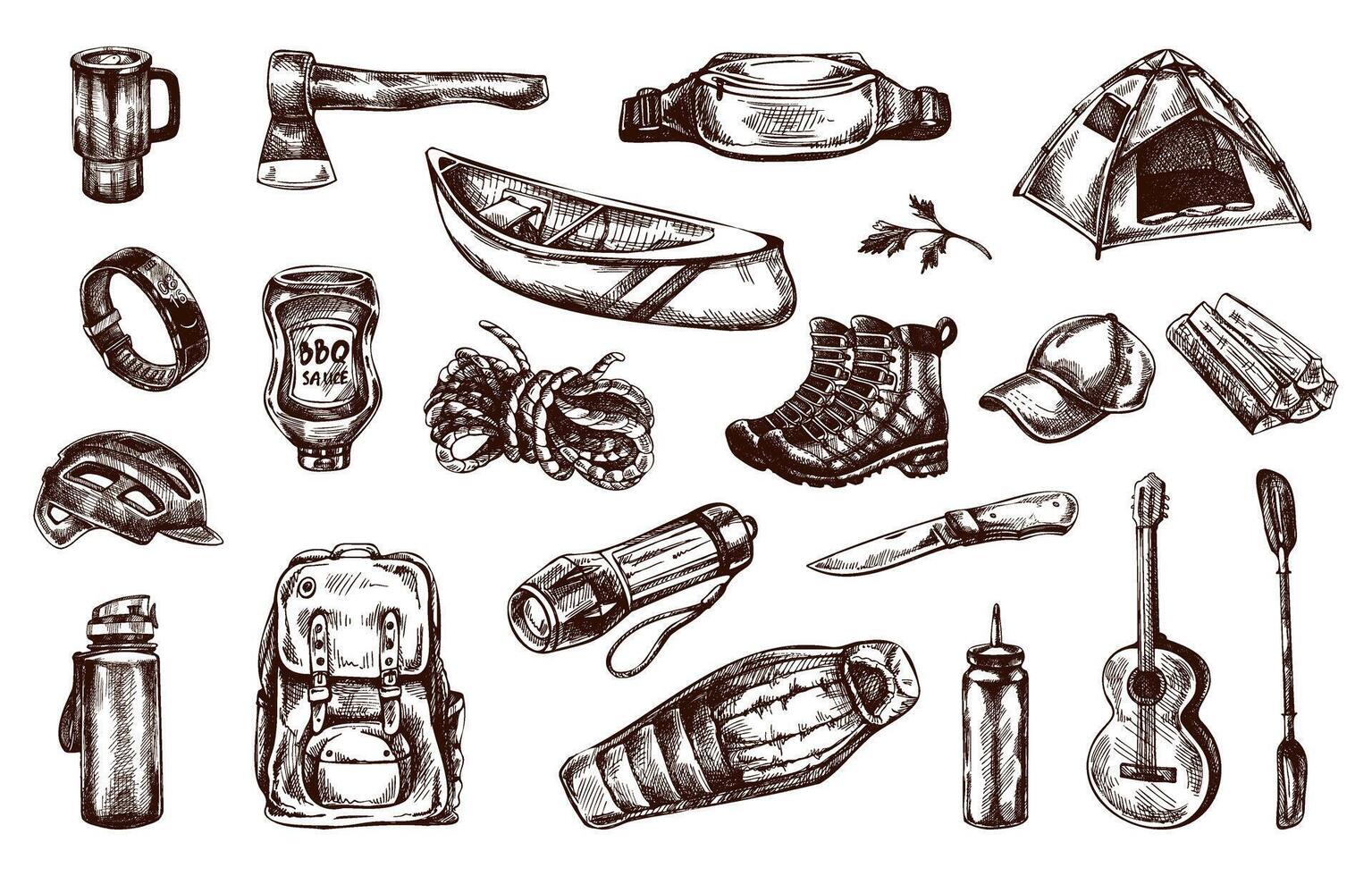 Camping gear items including tents and tools vector