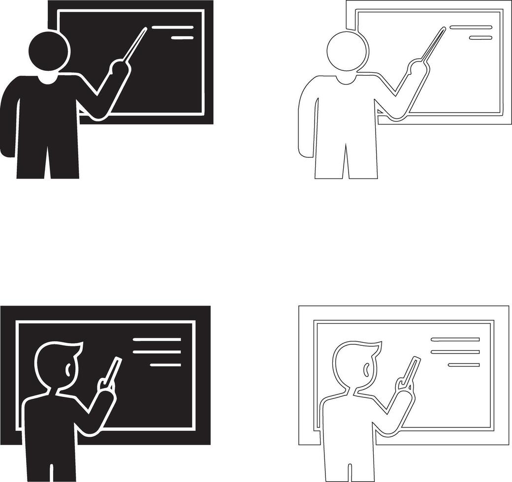 Teachers Day Icon Set Teacher Pointing at Chalkboard Silhouette and Outline Styles vector