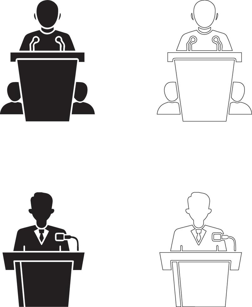 Teachers Day Icon Set Speaker at Podium with Audience in Solid and Outline Styles vector