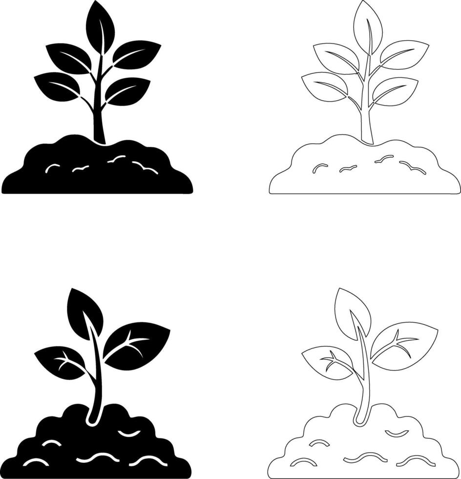 World Food Day Icons of Seedling and Young Plant Growth from Soil in Solid and Outline Styles vector