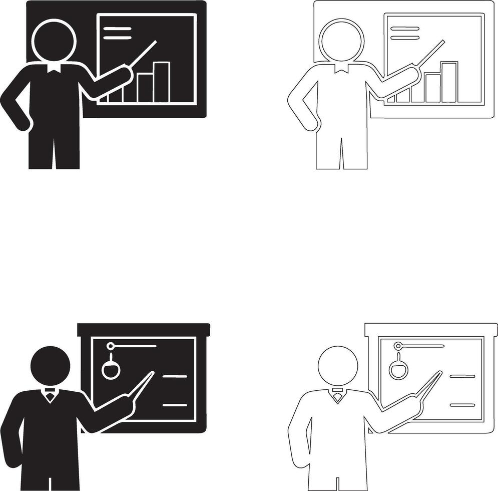 Teachers Day Icon Set Teacher Presenting Bar Graph and Pie Chart in Solid and Outline Styles vector