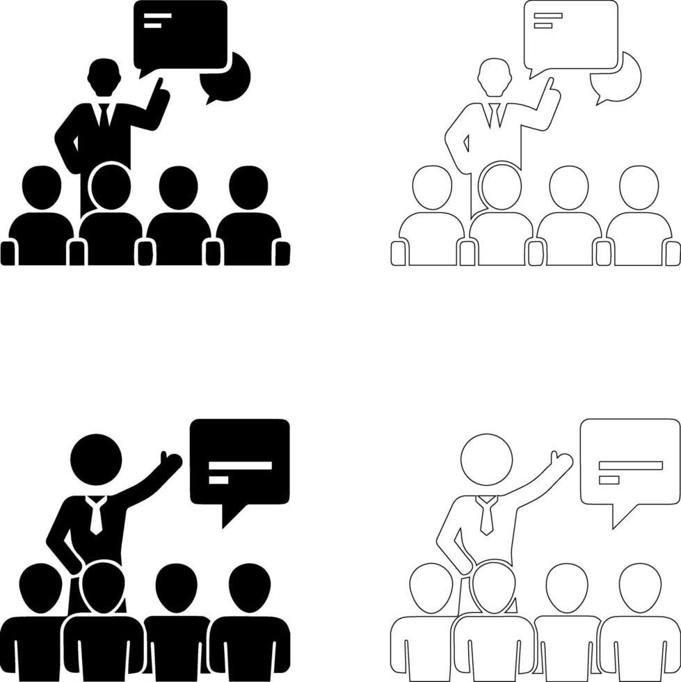 Teachers Day teacher presenting lesson to students icon set filled silhouette and outline with speech bubble vector