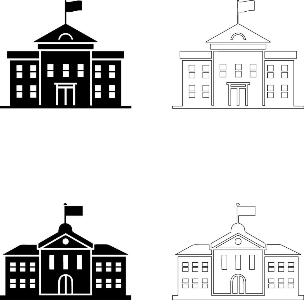 Teachers Day school building icon set filled and outline silhouettes with flags and windows vector