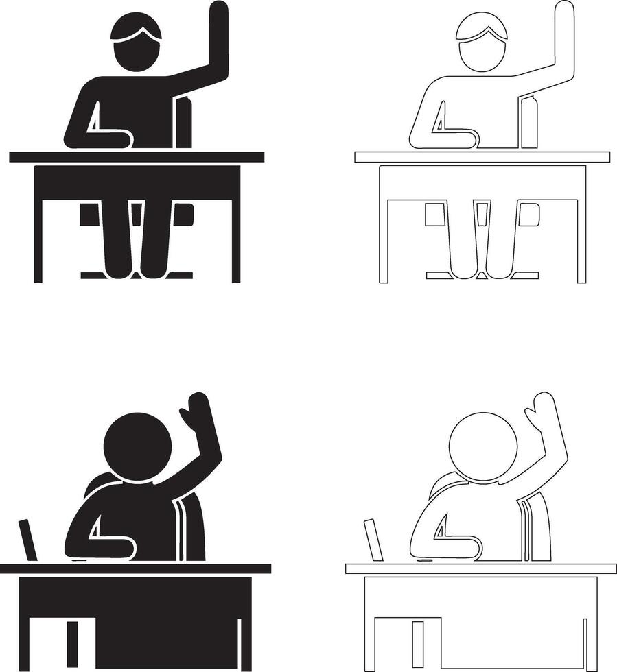 Teachers Day Icon Set Student at Laptop Desk Raising Hand Silhouette and Outline Styles vector