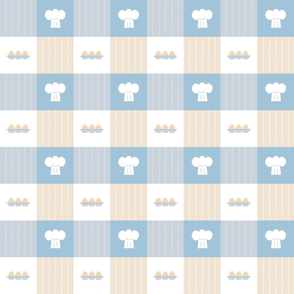 seamless minimal chefs hat and egg repeat pattern in blue plaid checkered background vector