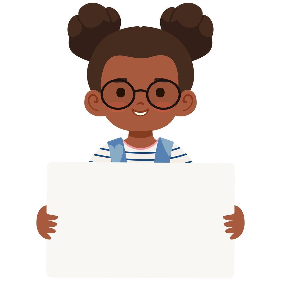Cute African American girl with glasses holding a blank signboard vector