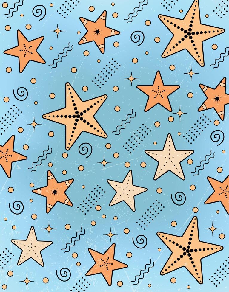 Retro Star Pattern with Pop Art Doodles on Light Blue Background vector
