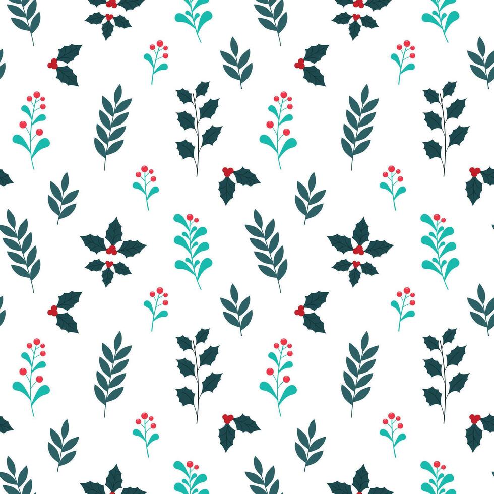 Seamless pattern with twigs with red berries and green leaves, winter, Christmas style. vector