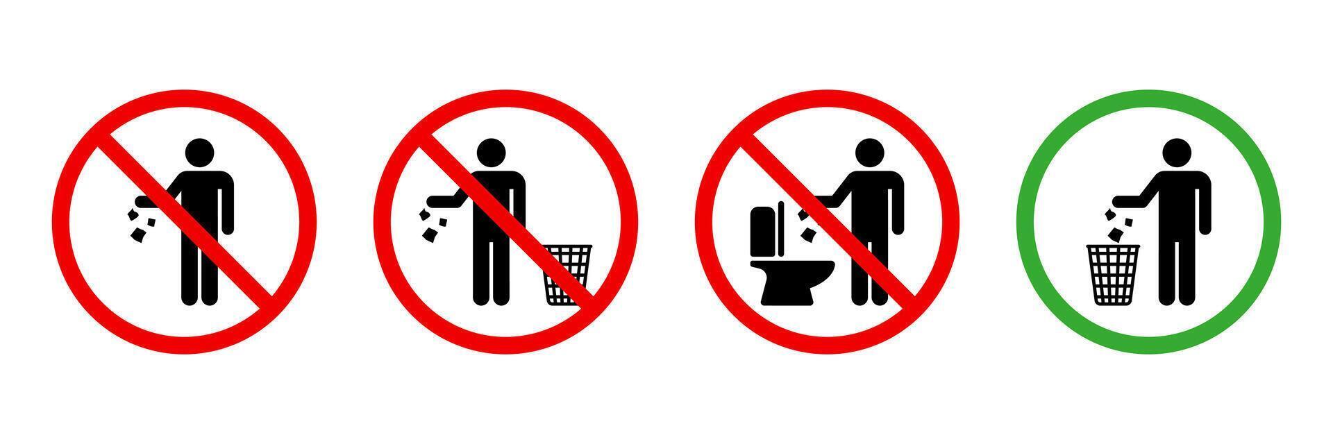 Keep clean sign. Allowed to throw rubbish, waste, and garbage in the bin symbol. Do not throw trash in toilet icon. Throw out the trash icon. vector