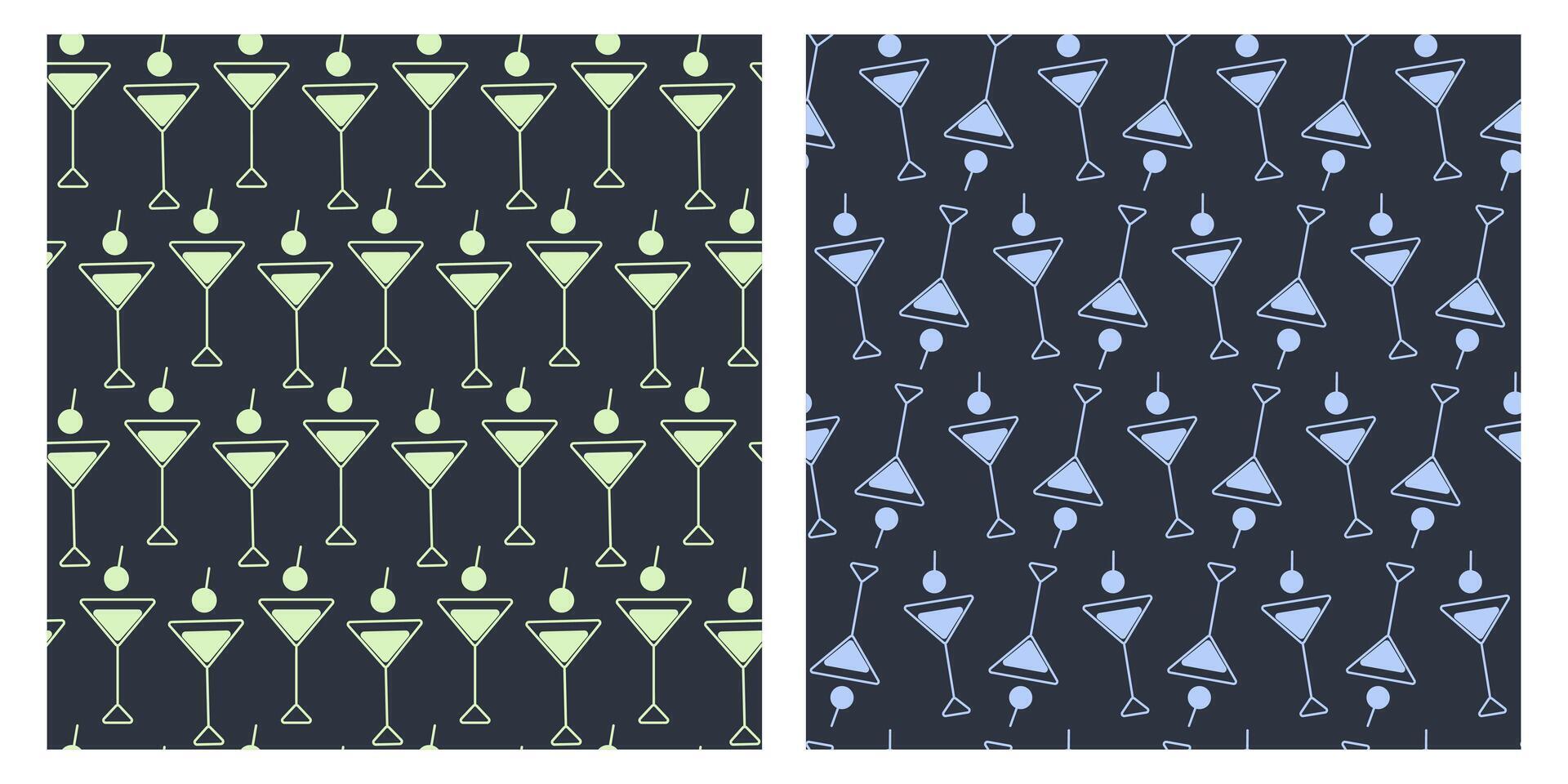Martini Glasses and cherry symbolic Seamless background Neon light yellow green on dark. Isolated illustration Beverage Menu Cards Background Wallpaper posting, promo banner, leaflet vector